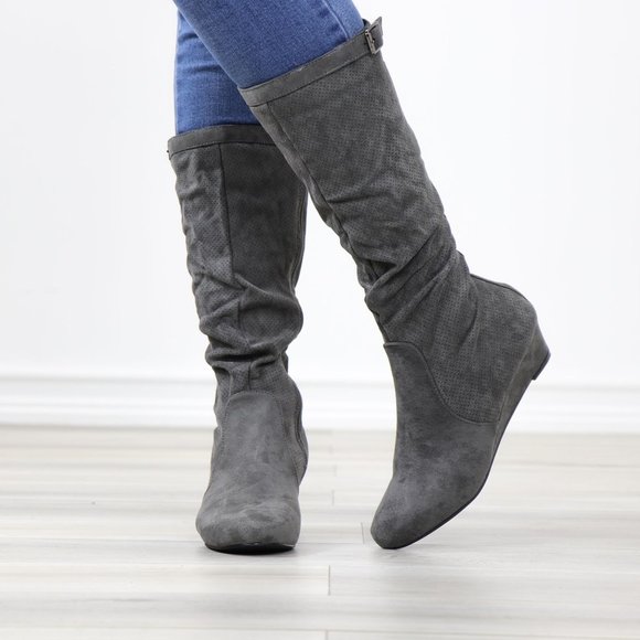 Grey Faux Suede Round Toe Low Kitten Wedge Heel Mid Calf Boots - Picture 10 of 12